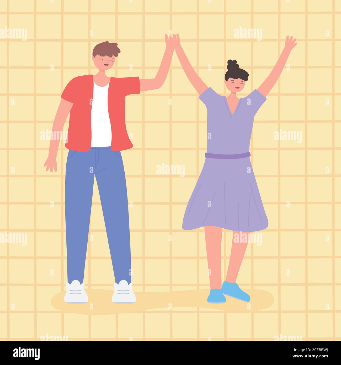 people together, man and woman hands up united, male and female cartoon ...