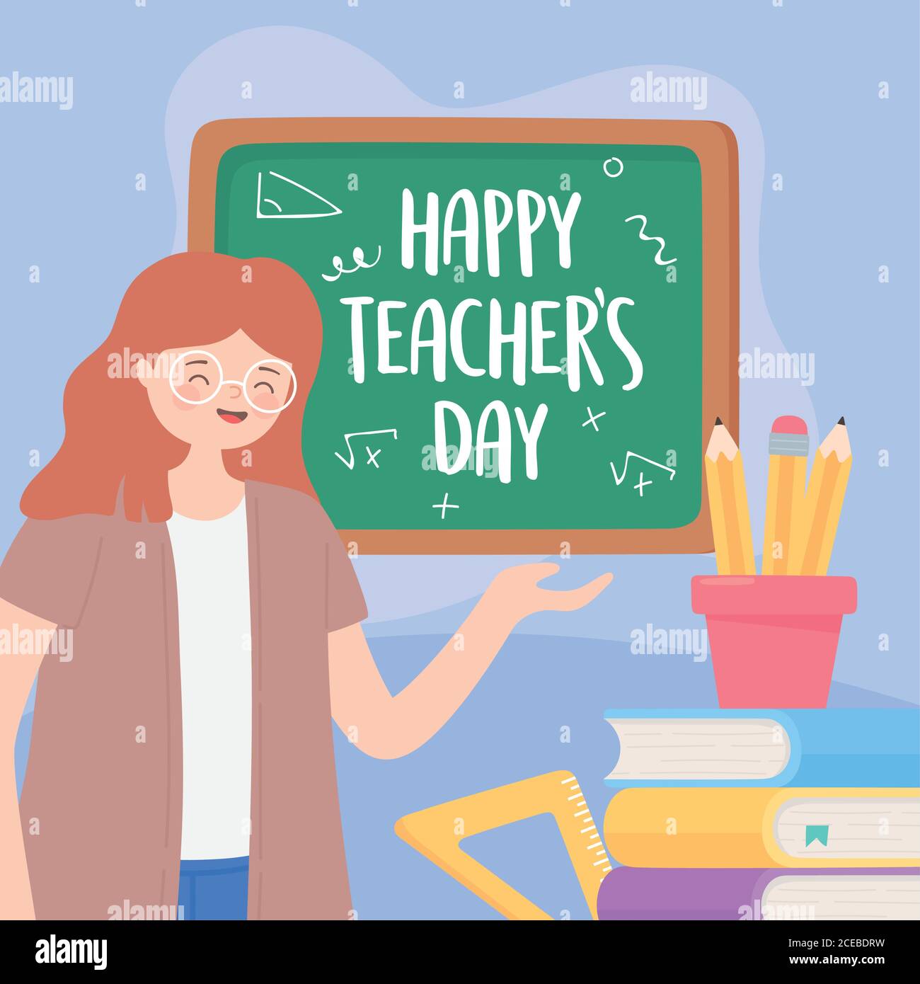 happy teachers day, teacher blackboard pencils in cup books and ruler ...