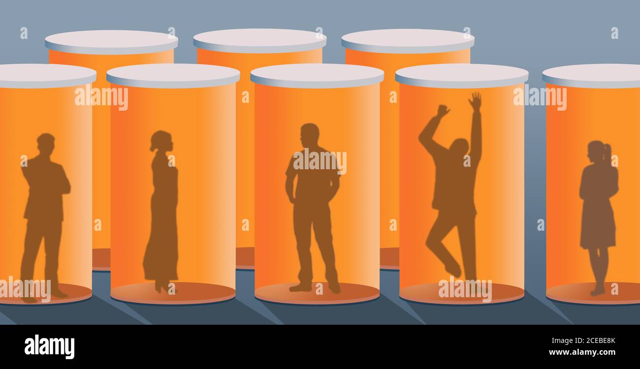 Silhouetted people are seen trapped inside prescription pill bottles in an illustration about addiction to pain killers. Stock Photo