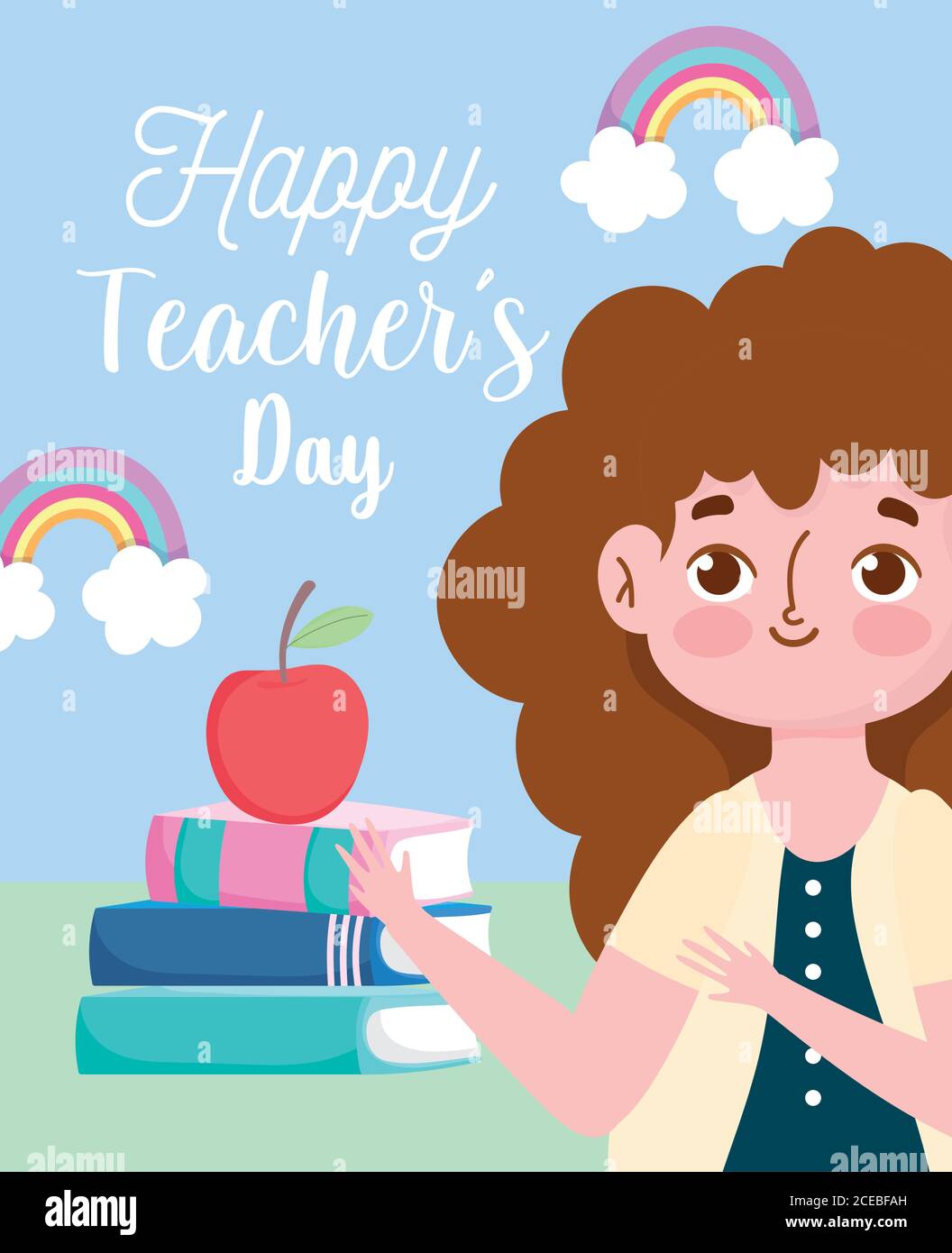happy teachers day, cute teacher with stack of books and apple ...