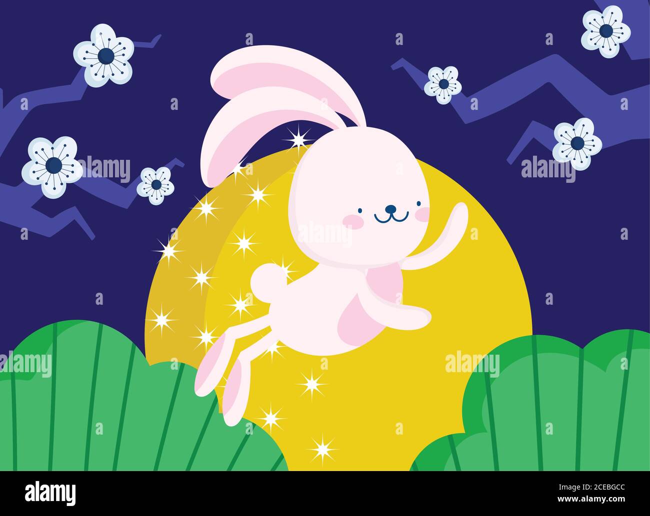 happy mid autumn festival, cute rabbit full moon flowers cartoon ...