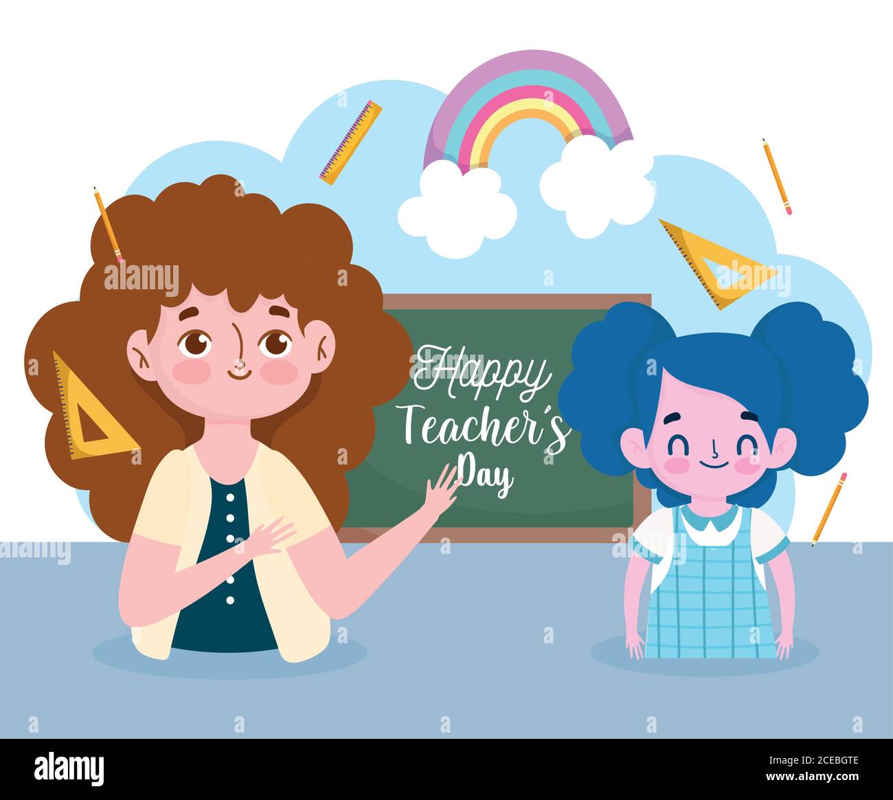 happy teachers day, student girl and teacher with blackboard ruler and ...