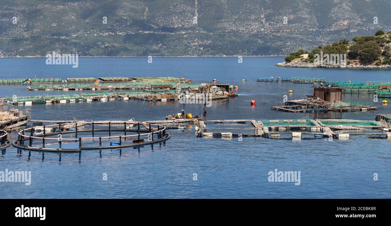 Magnificent view of modern fish farm in beautiful blue sea in Cefalonia, Greece Stock Photo