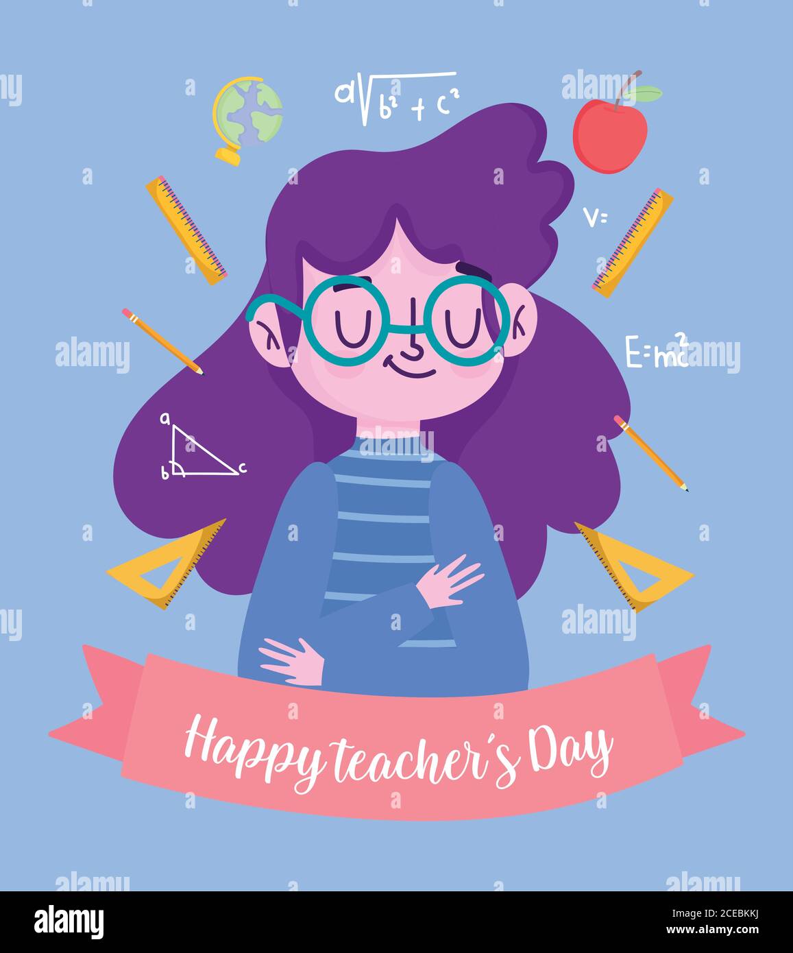 happy teachers day, teacher cartoon with supplies school icons ...