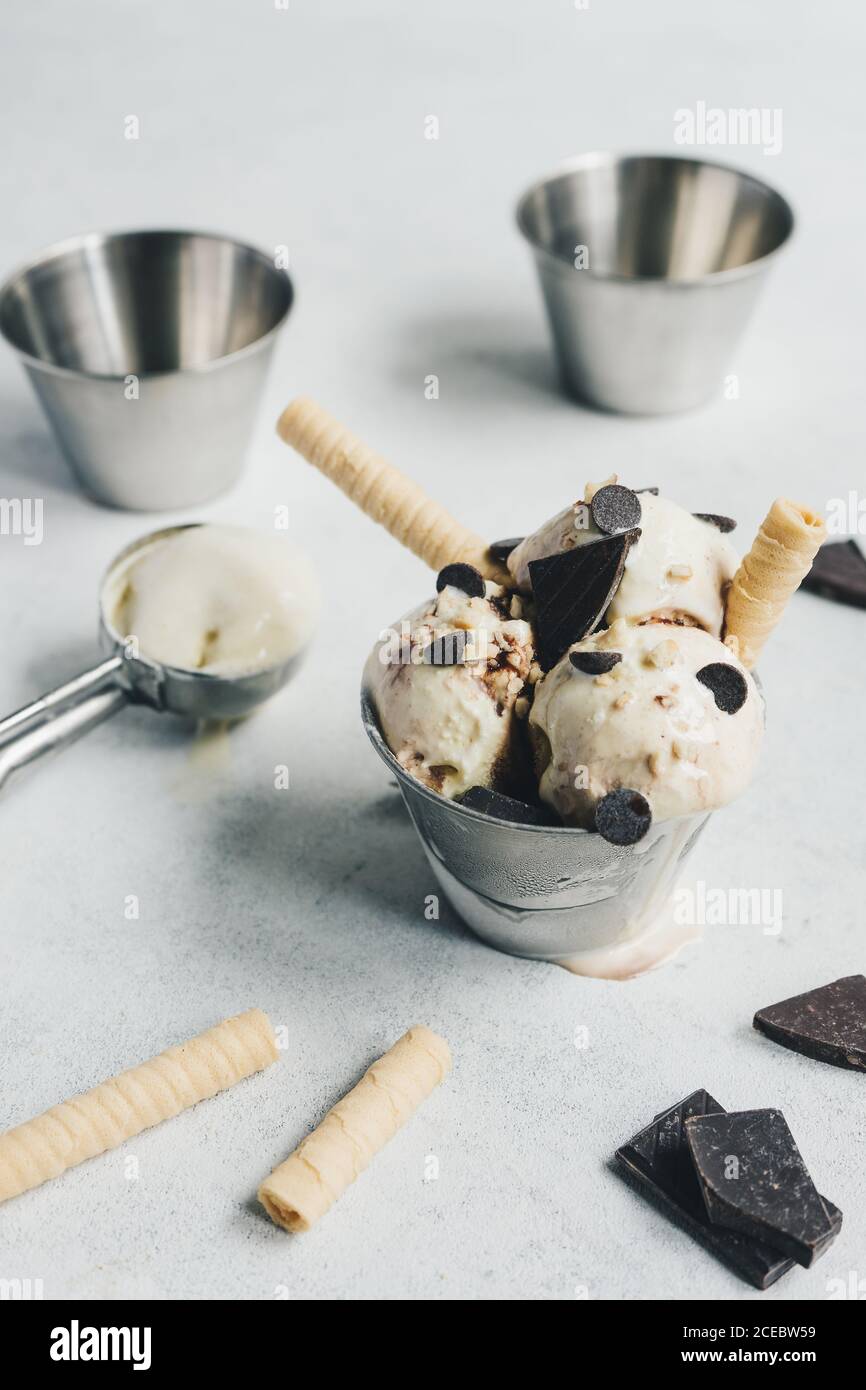 Vanilla ice cream with chocolate and wafers Stock Photo Alamy