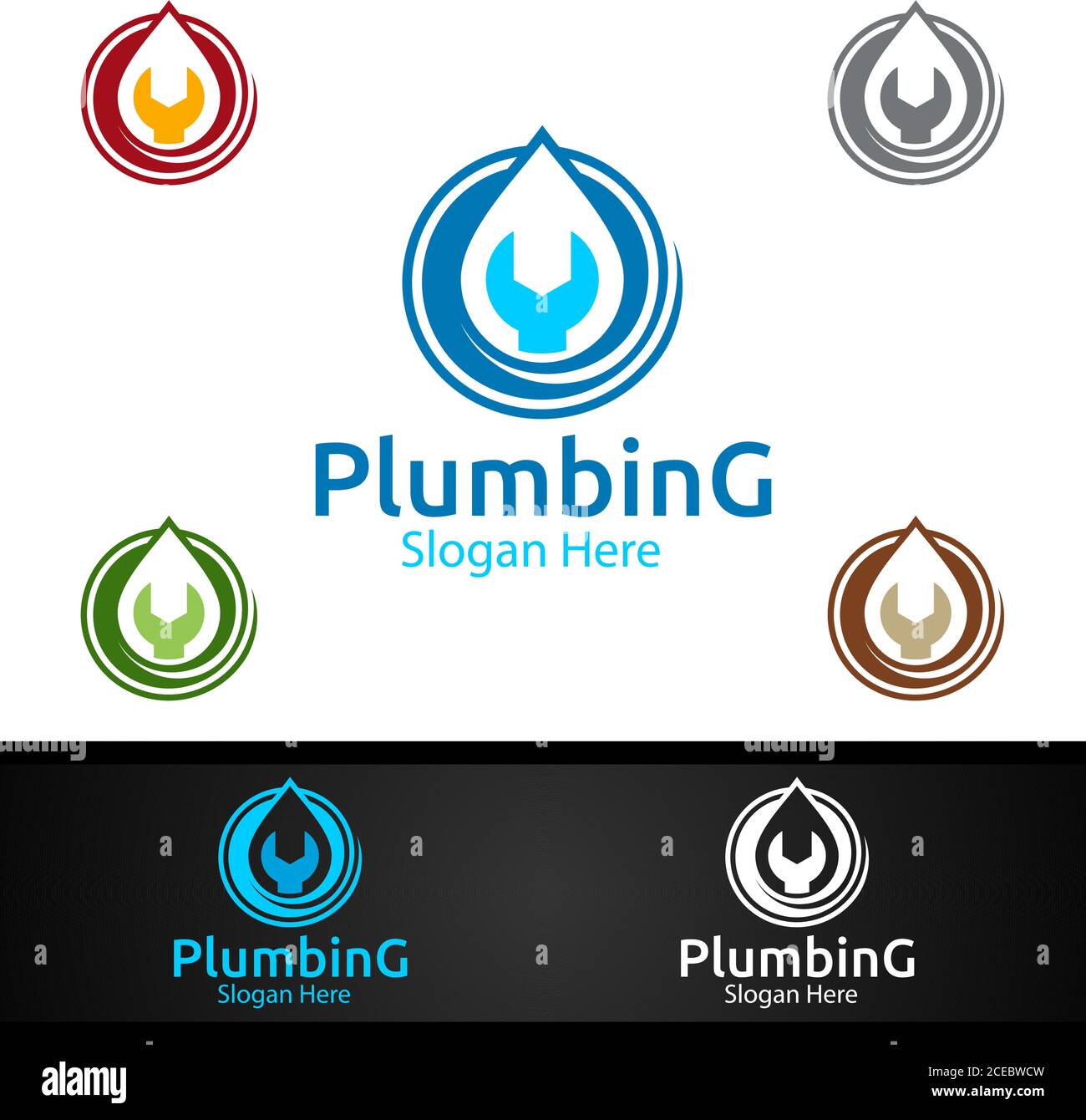 Wrench Plumbing Logo with Water and Fix Home Concept Design Stock