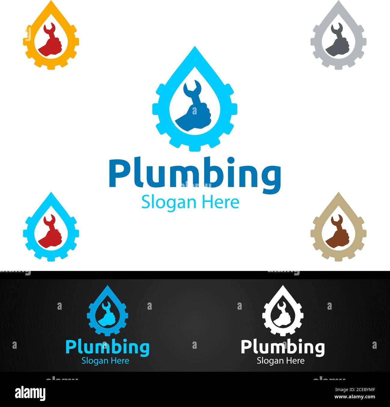 Wrench Plumbing Logo with Water and Fix Home Concept Design Stock