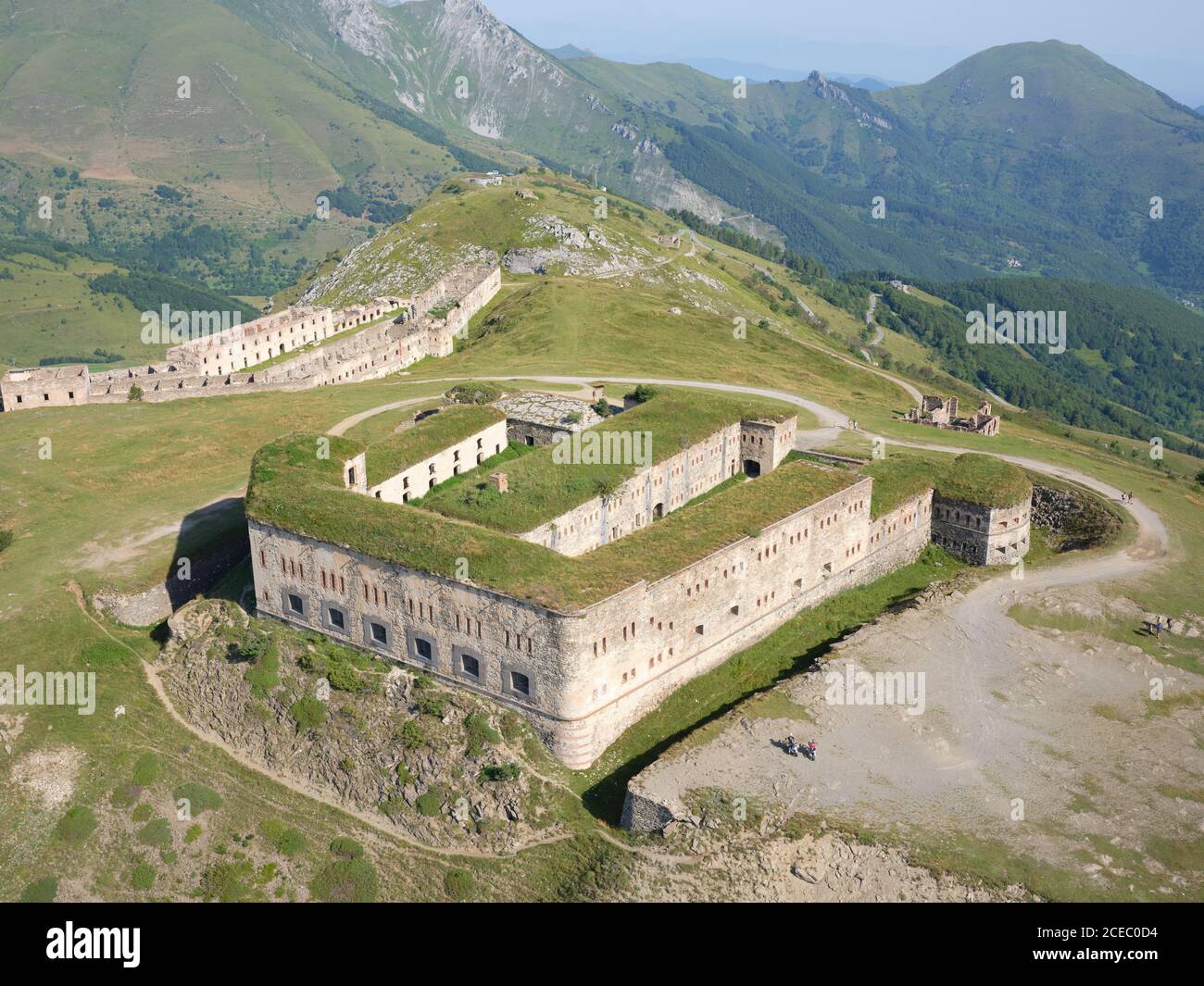 AERIAL VIEW. Fort Central, an old military fortification at Col de Tende. Tende, Alpes-Maritimes, France. Stock Photo