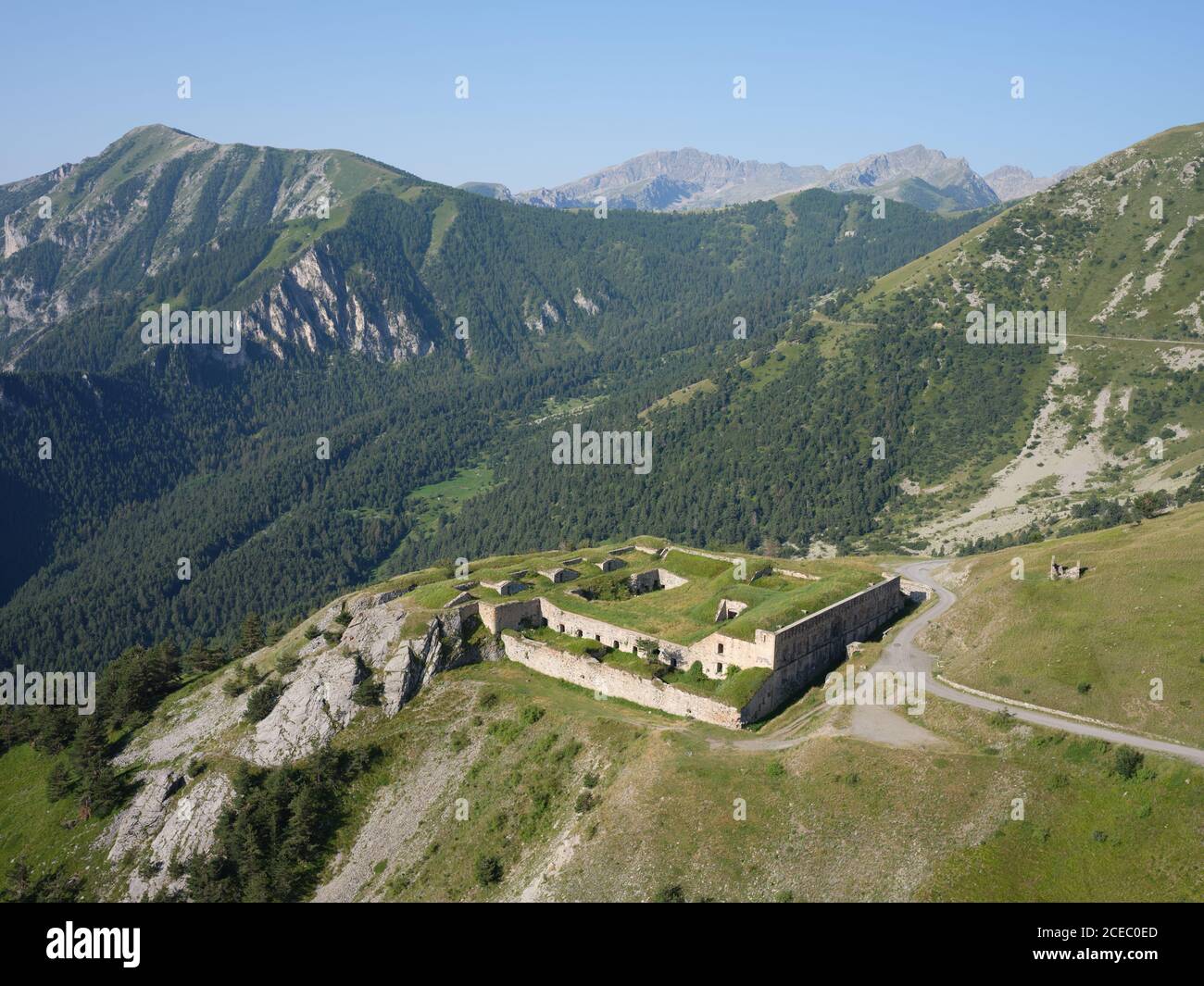 AERIAL VIEW. Fort de la Marguerie, an old military fortification near Col de Tende. Tende, Alpes-Maritimes, France. Stock Photo