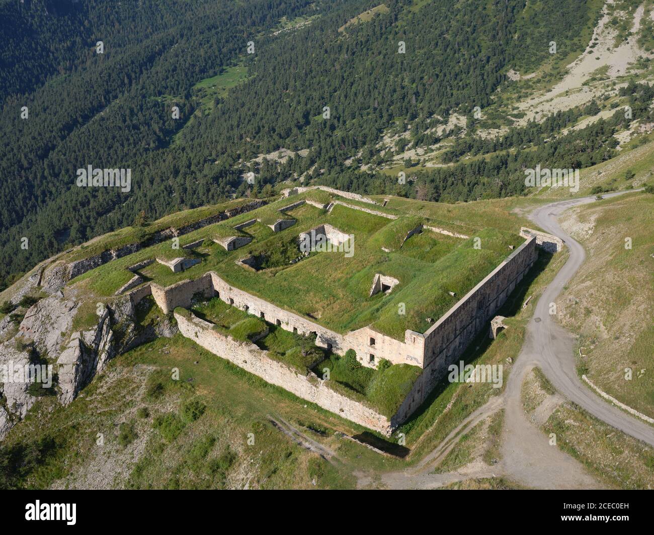 AERIAL VIEW. Fort de la Marguerie, an old military fortification near Col de Tende. Tende, Alpes-Maritimes, France. Stock Photo