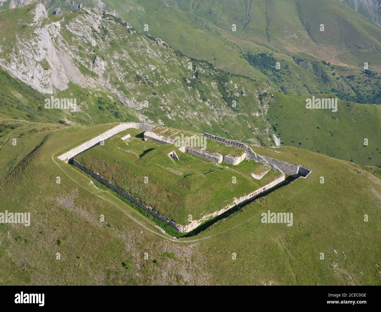 AERIAL VIEW. Fort Pernante, an old military fortification above Col de Tende. Tende, Alpes-Maritimes, France. Stock Photo