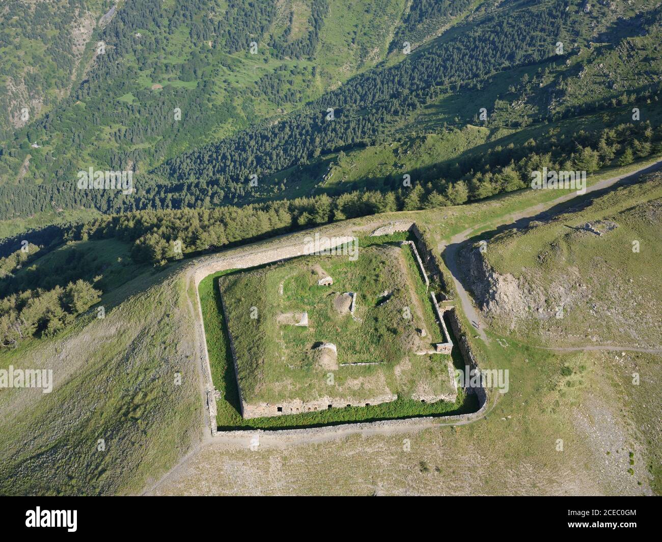 AERIAL VIEW. Fort Tabourde, an old military fortification near Col de Tende. Tende, Alpes-Maritimes, France. Stock Photo