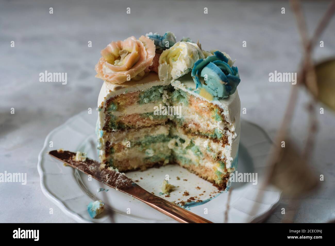 Portion Of Rainbow Cake Filled With Chantilly Cream And Decorated With Buttercream Flowers Stock Photo Alamy Portion Of Rainbow Cake Filled With Chantilly Cream And Decorated With Buttercream Flowers Stock Photo Alamy