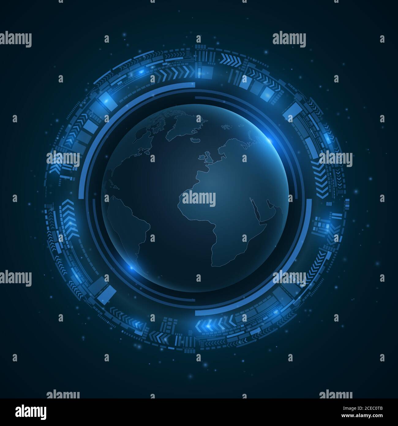 Futuristic planet Earth in abstract circular HUD interface on a dark blue background. World map with blue lights. Sci-fi and hi-tech design. World Net Stock Vector