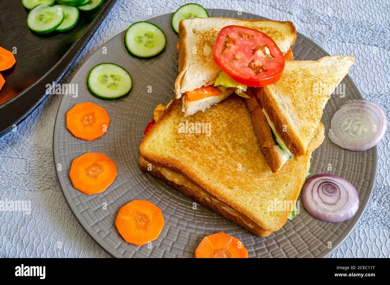 Beautifully arranged toasted Veg Cheese Sandwich on a round plate - Top Angle Shot. Stock Photo