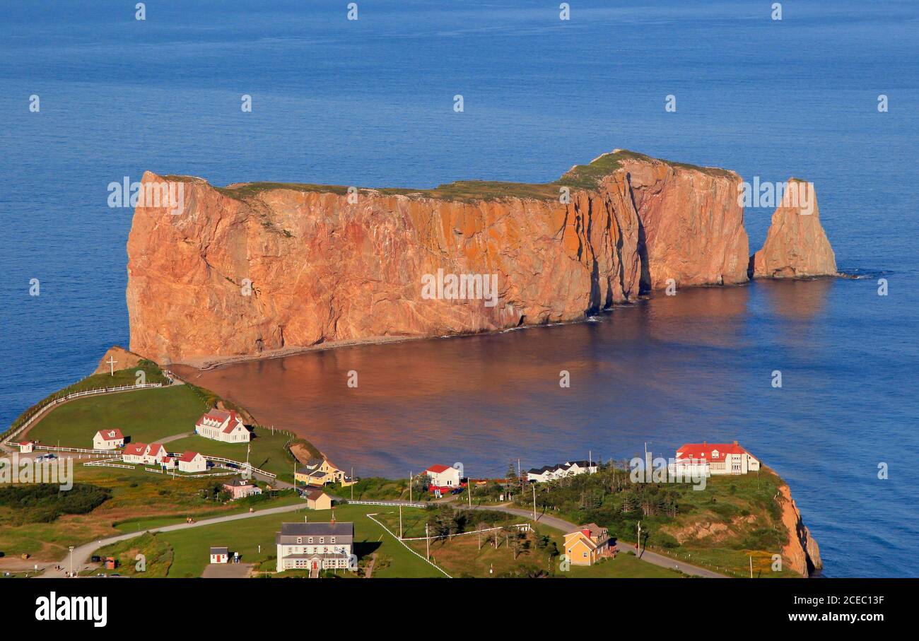 Aerial view of Percé Rock and village in Quebec Stock Photo