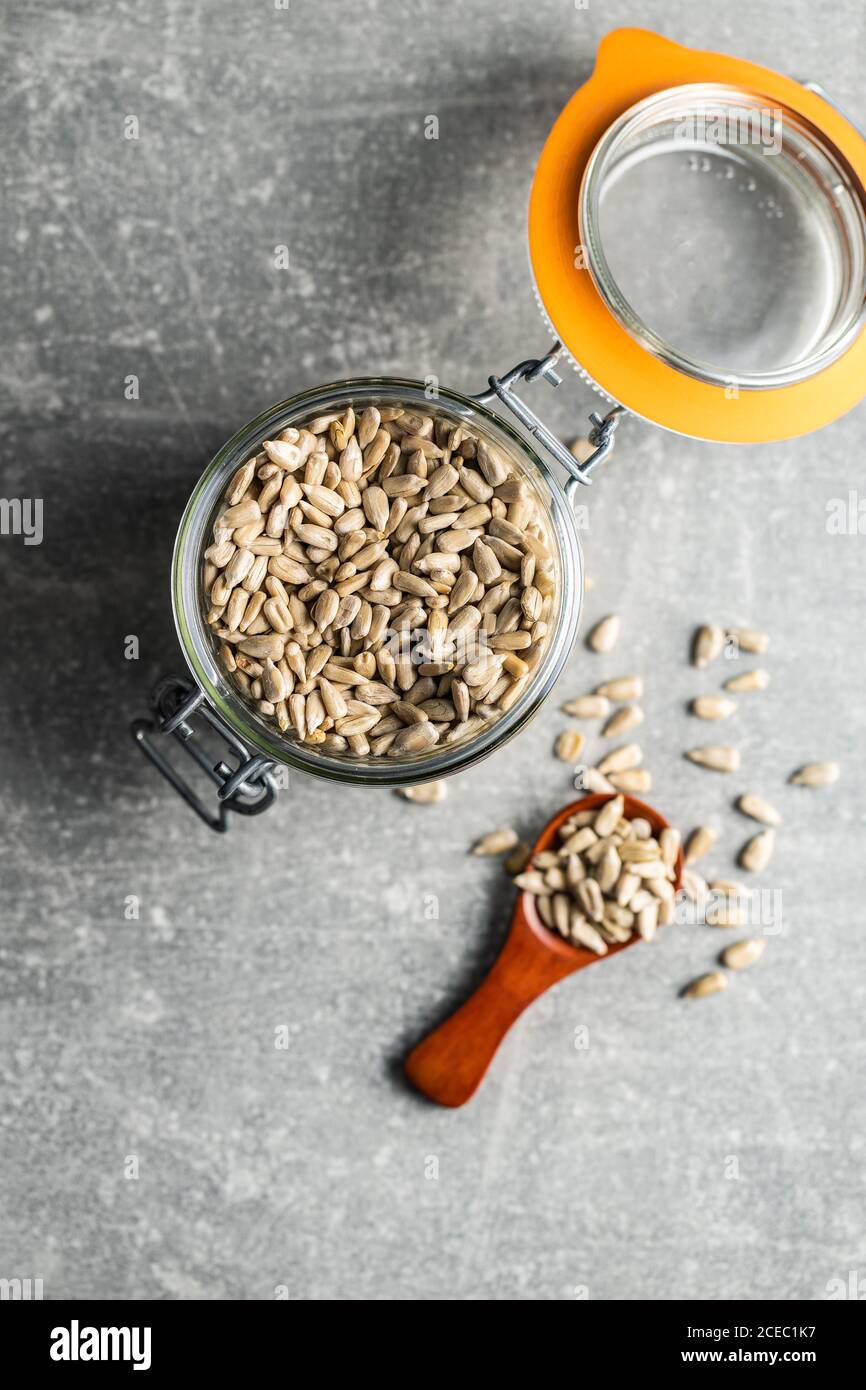 Peeled sunflower seeds in jar. Top view Stock Photo Alamy