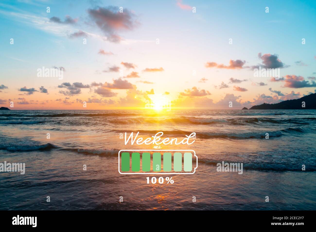 Fully charge battery 100% sign icon on natare summer beach on vacation ...