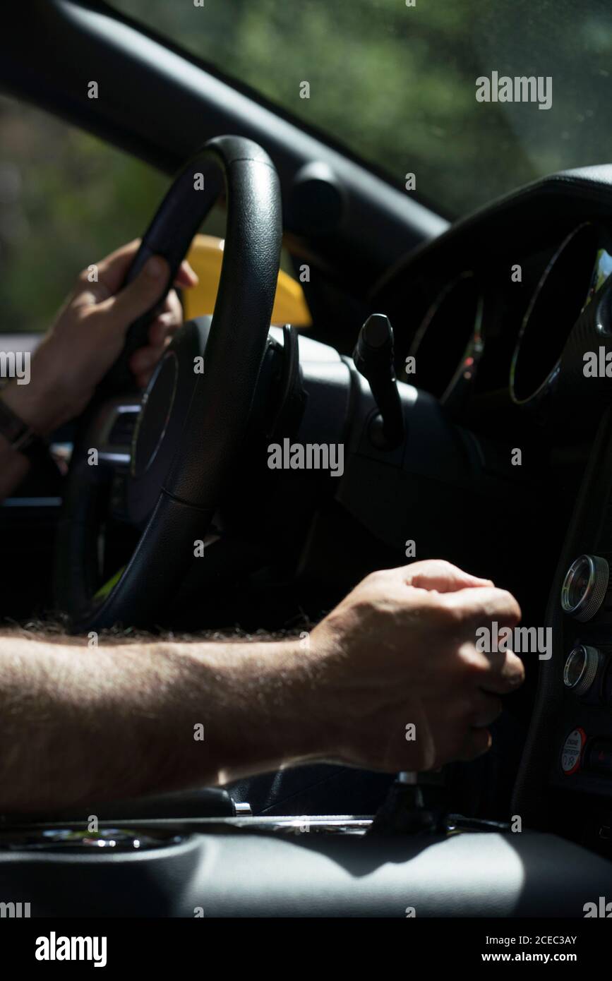 Crop side view of man shifting gears while driving modern luxury car and holding hand on