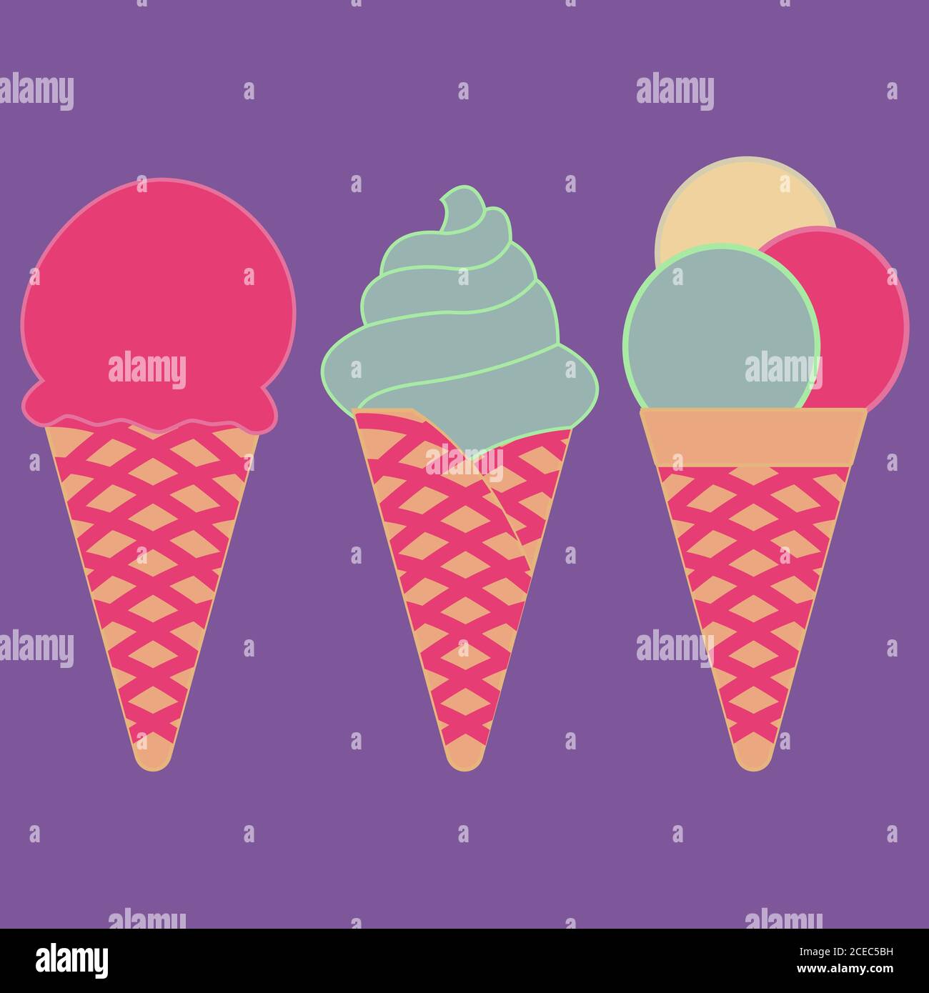 Ice cream cones with ice cream on purple background Stock Vector
