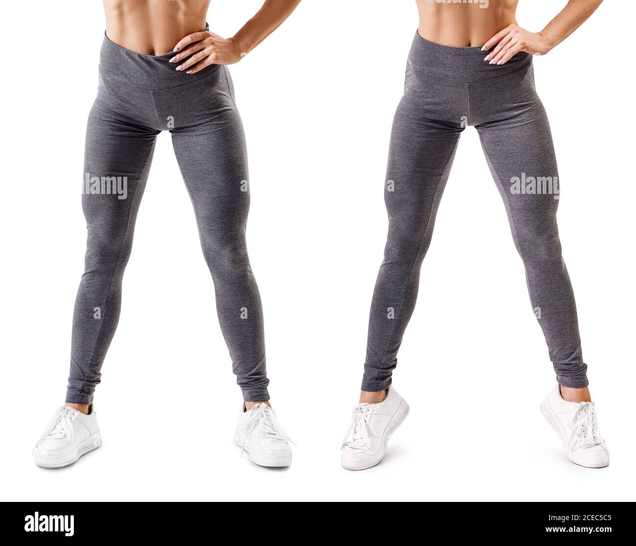 Workout in the gym. Woman's muscular legs in leggings and sneakers Stock Photo