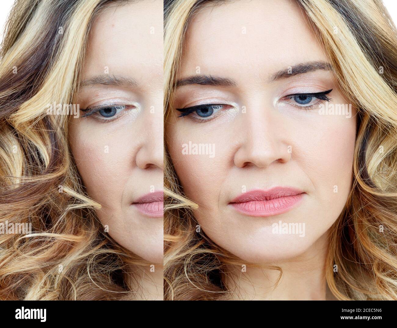 Comparison portrait of adult woman with and without makeup. Stock Photo