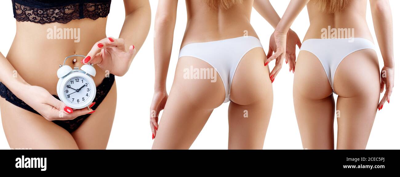 Perfect female buttocks wearing underwear and woman with watch Stock Photo