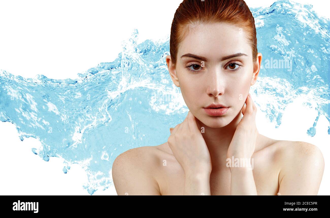 Beautiful woman face with Water splashes. Stock Photo