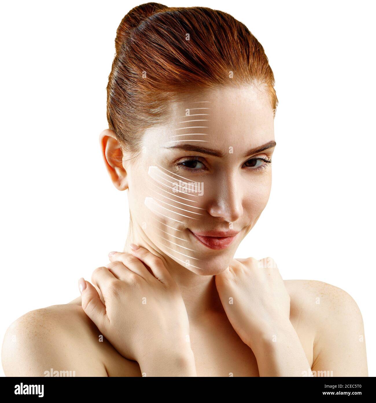 Face lift anti-aging lines on smiling woman face. Stock Photo