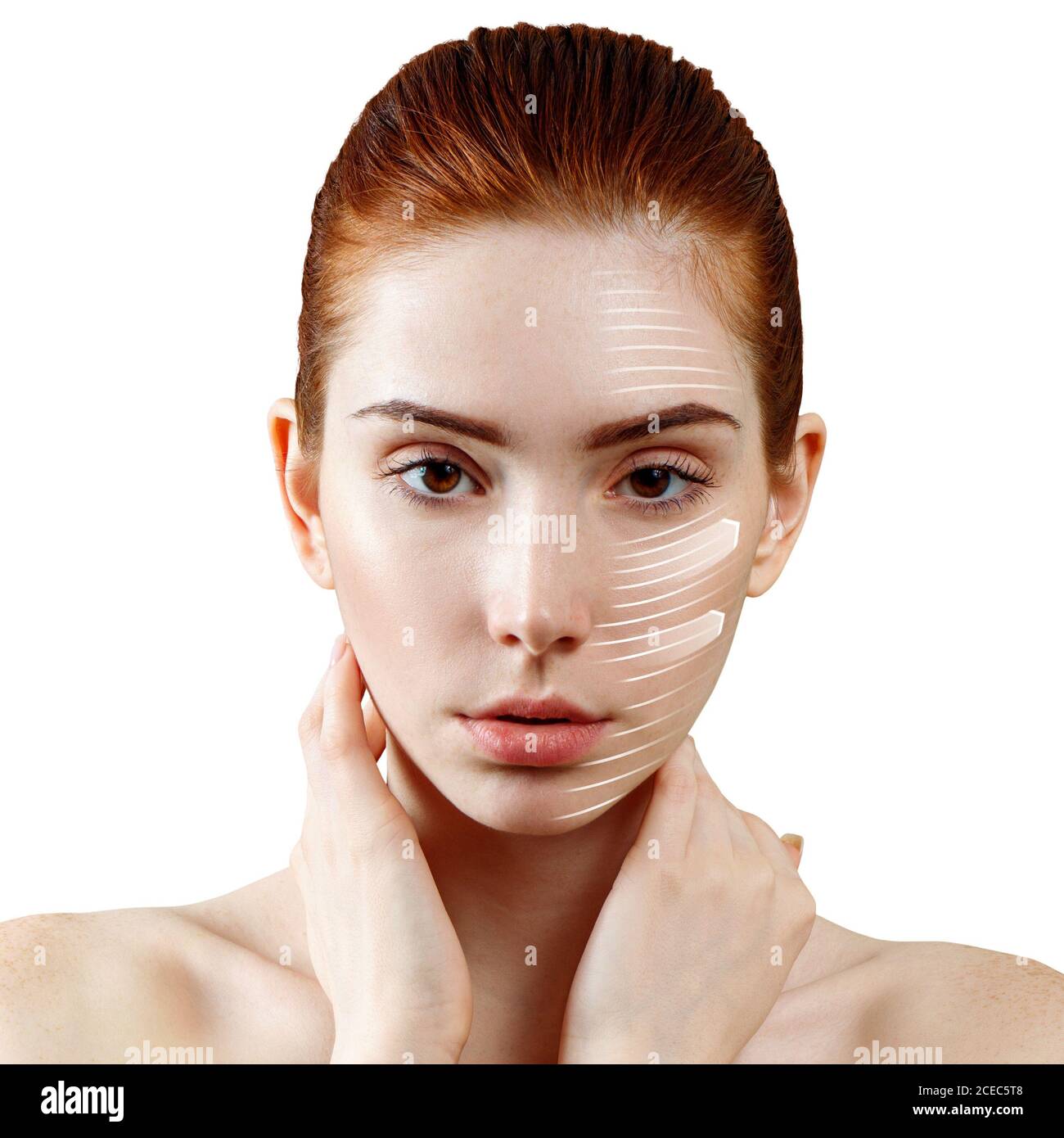 Face lift anti-aging lines on woman face. Stock Photo