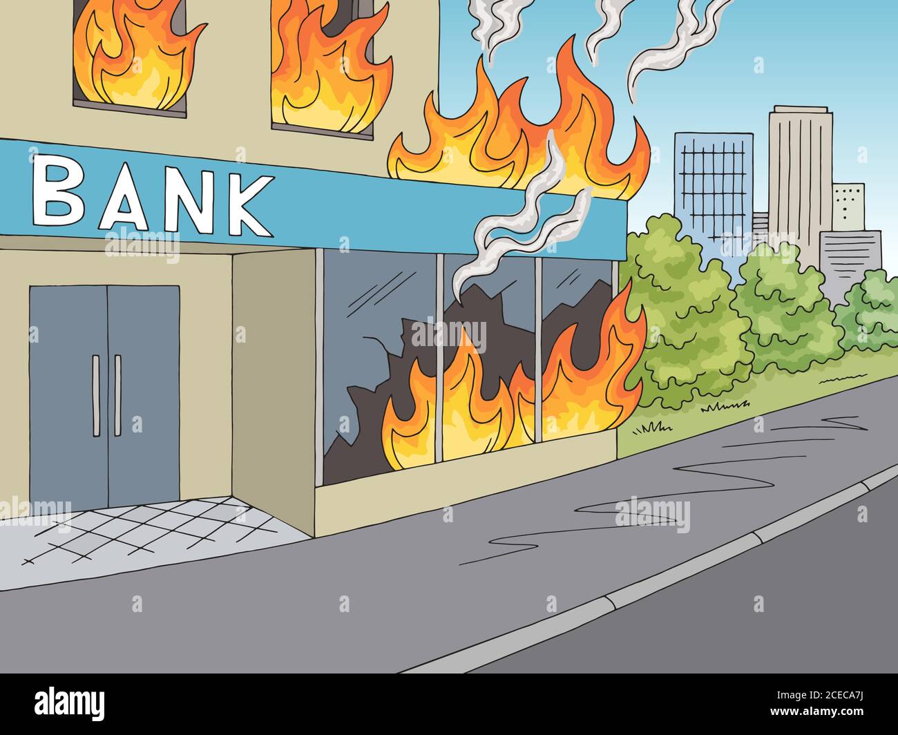 Fire in bank exterior graphic color sketch city landscape illustration ...