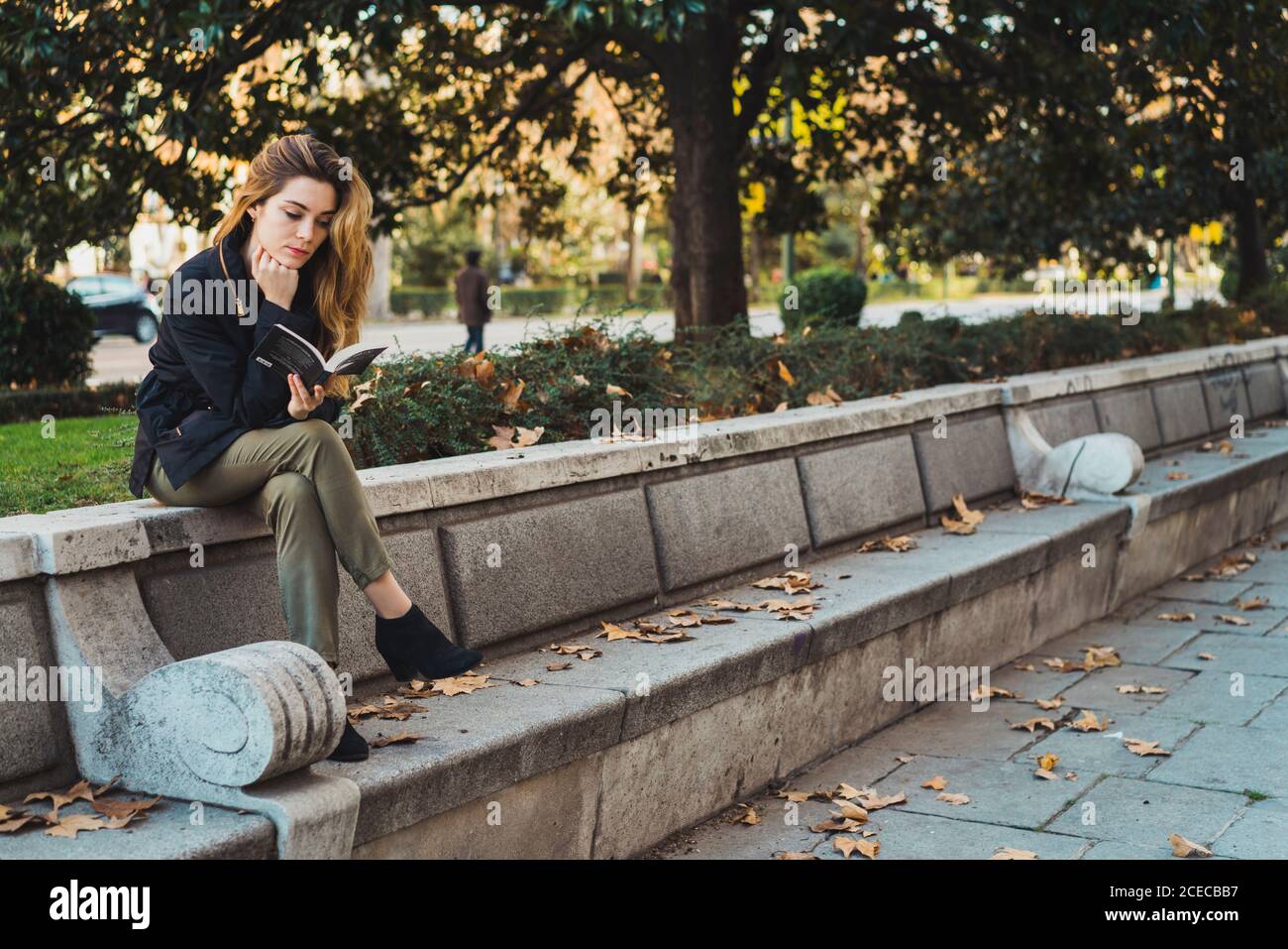 Woman reading book in park Stock Photo