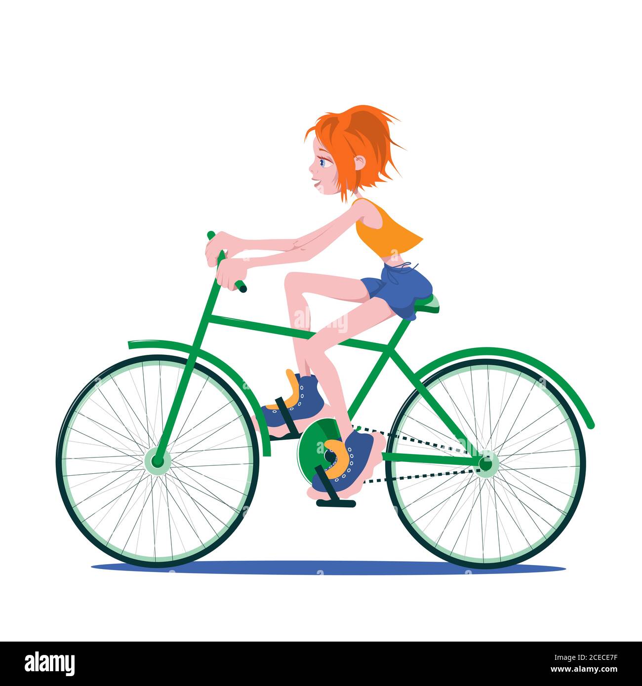 Cute cartoon character girl rides a bike. Illustration vector isolated
