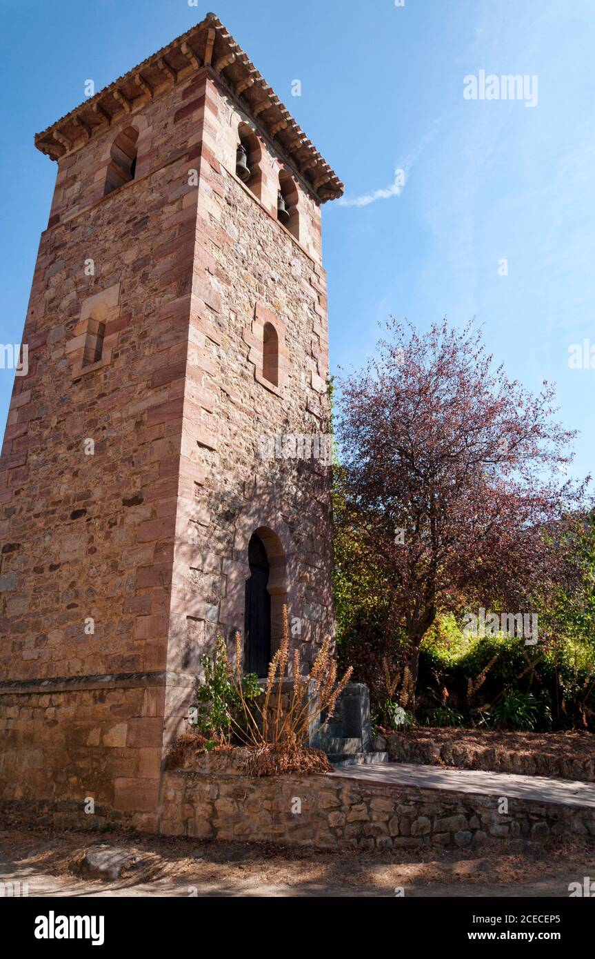 Bell tower of church of Saint Mary. It is located in the town of Lebena (Cillorigo of Liébana, Cantabria, Spain). Stock Photo