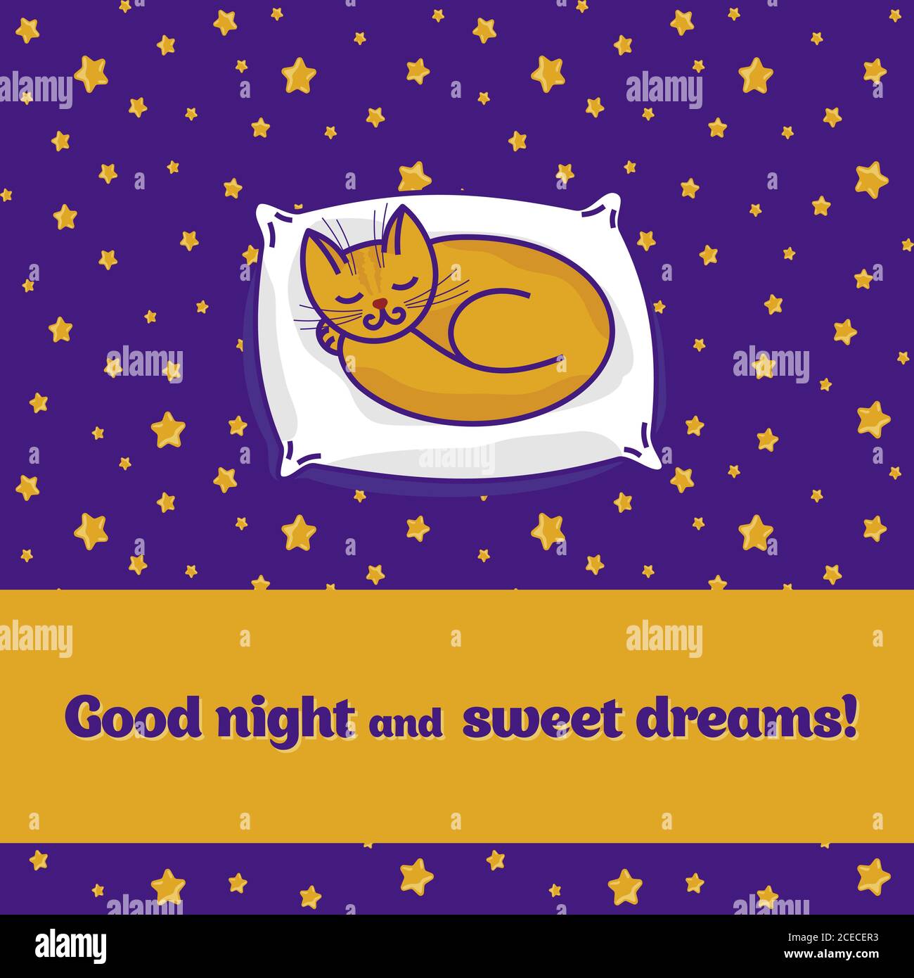 Card with cute little cat sleeping on pillow and dreaming of fish Stock Vector