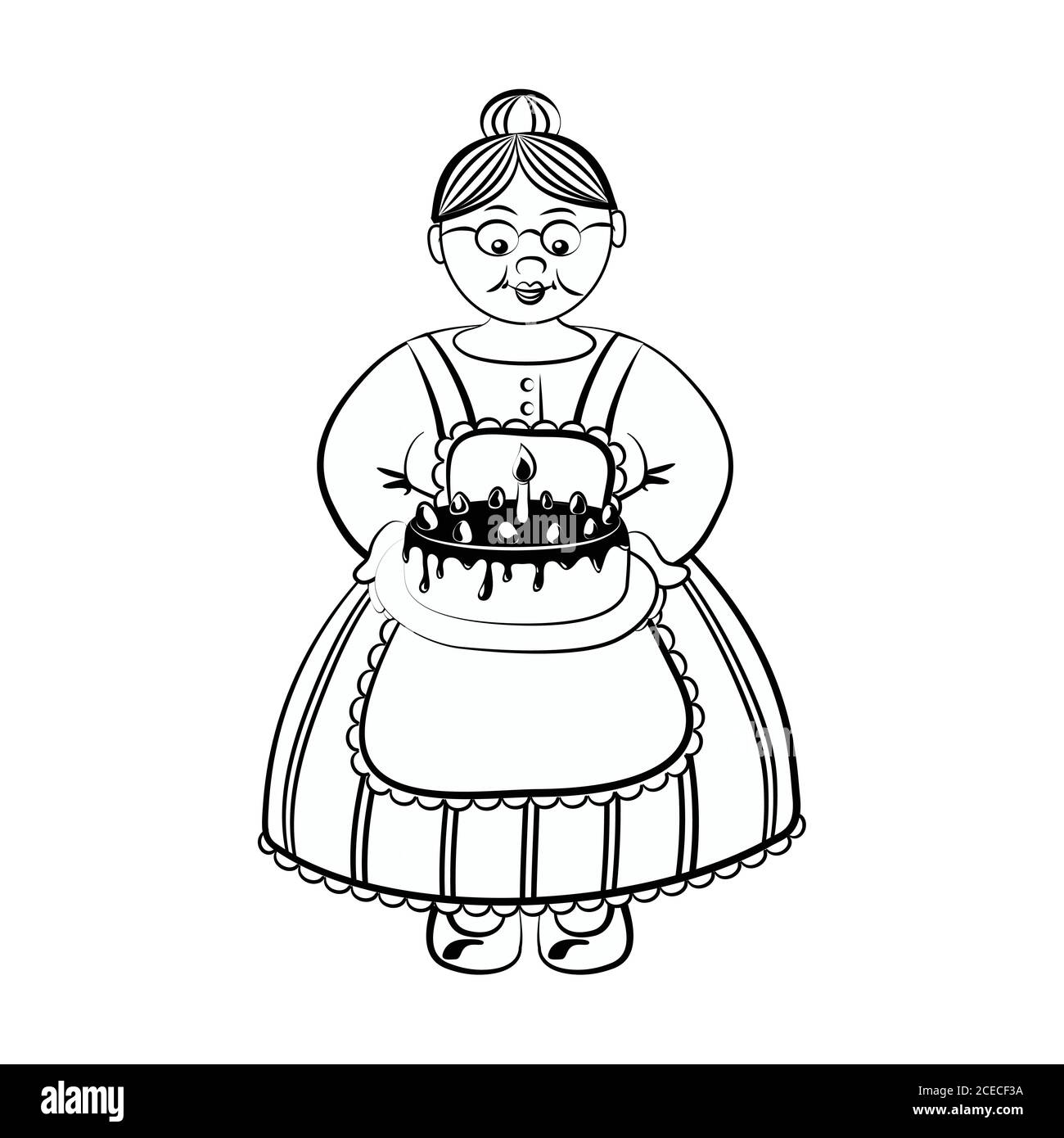 Old lady carry birhday cake with chocolate and strawberry - for coloring book Stock Vector