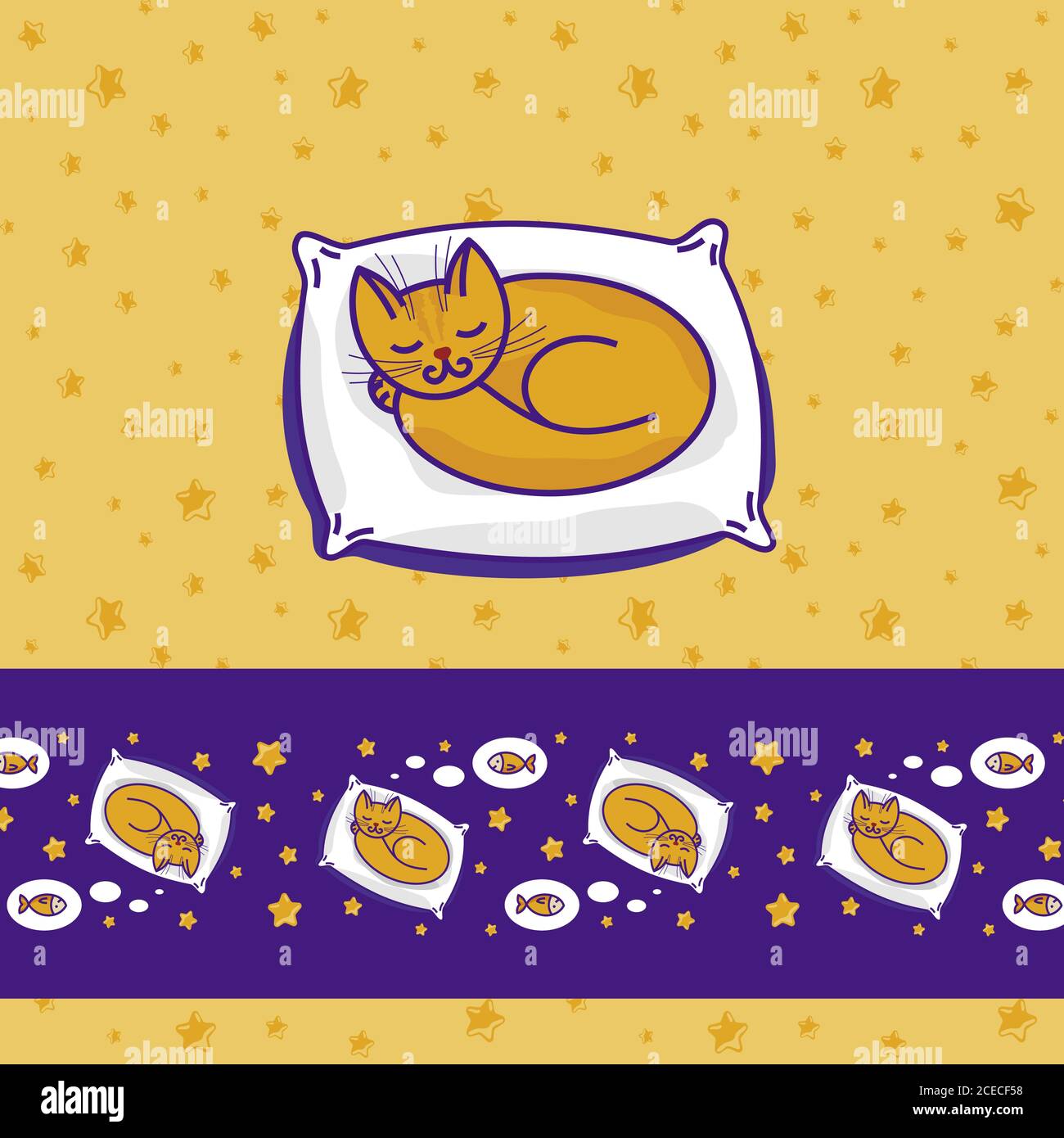 Card with cute little cat sleeping on pillow and dreaming of fish Stock Vector