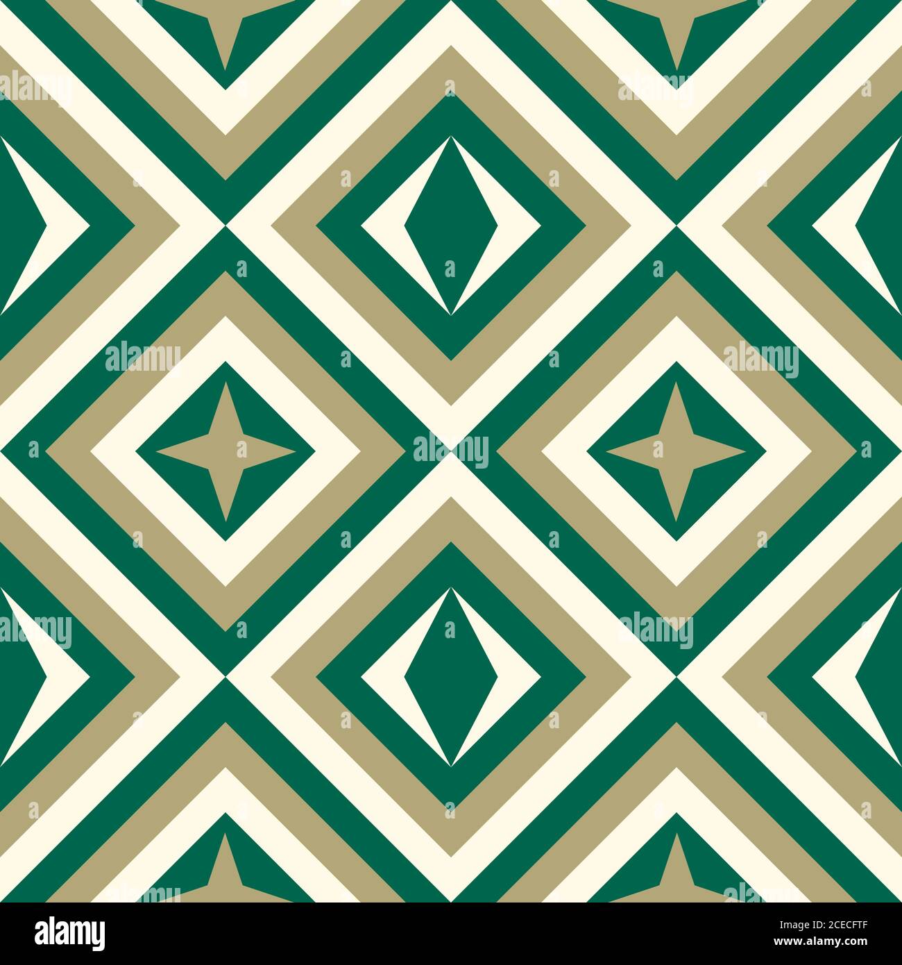 Geometrical pattern in viridian&golden colors, seamless vector background. For fashion textile, cloth, backgrounds. Stock Vector