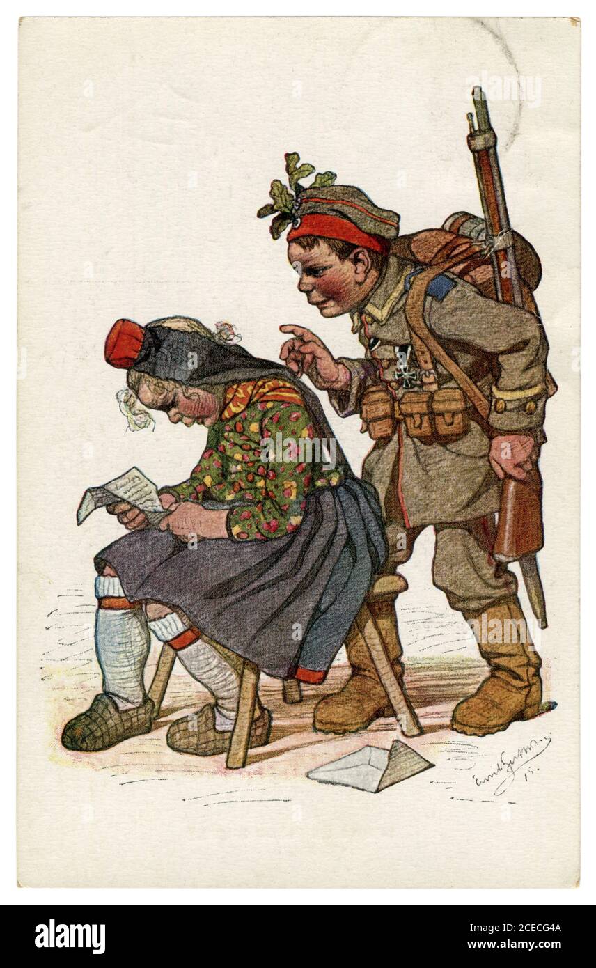 German historical postcard: Children as adults: the soldier returned to his peasant girlfriend from the war with an iron cross. Pleasant surprise. Stock Photo