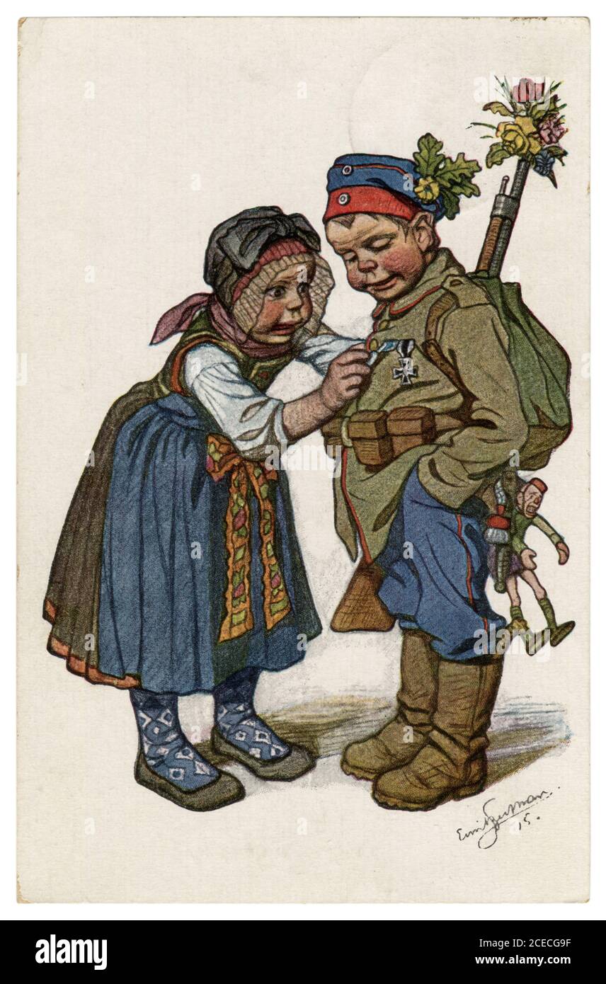 German historical postcard: Children as adults: the soldier returned to his peasant girlfriend from the war with an iron cross, Beithan Emil, 1915 Stock Photo