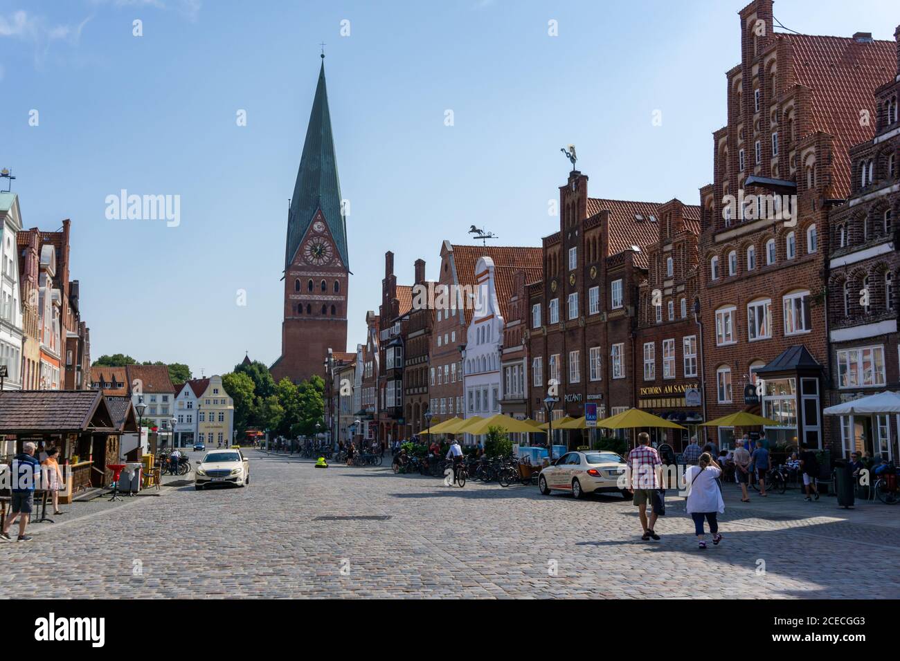 Lunenburg, LS, Germany - 8 August 2020: downtown Lunenburg with the historic city square and church Stock Photo