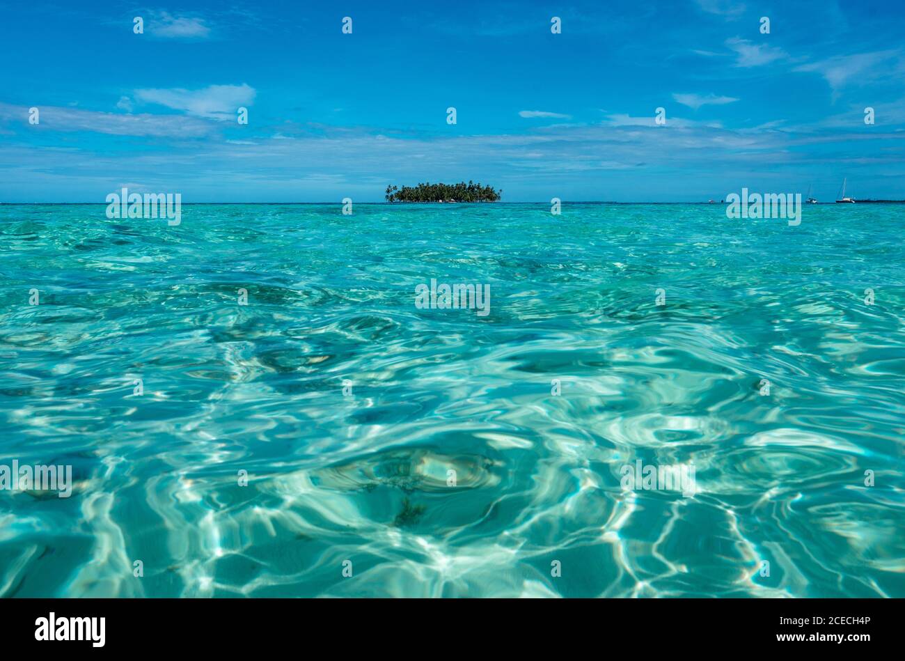 Picturesque view of tropical trees between sea and blue sky in San Blas islands, Panama Stock Photo