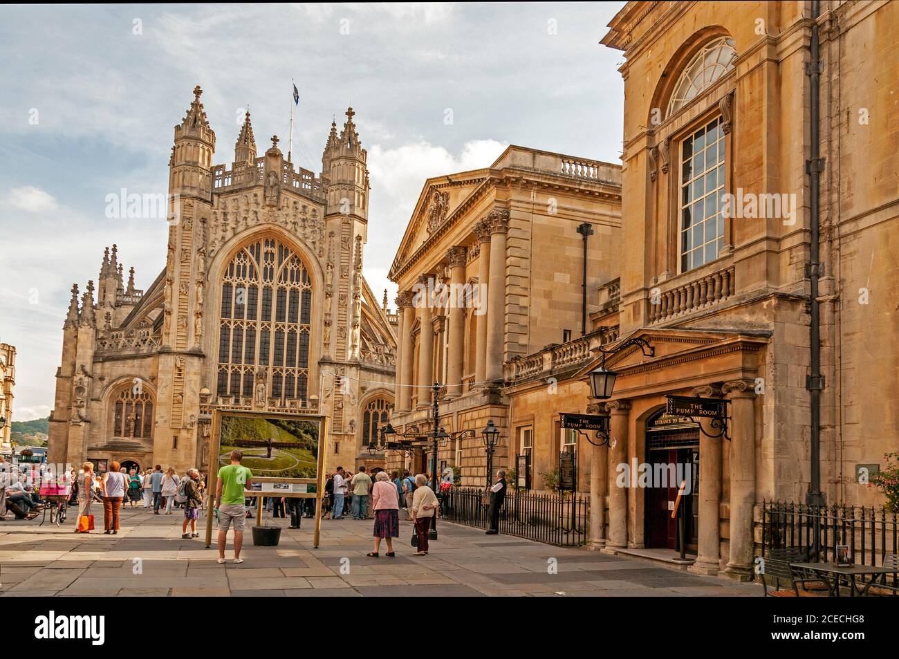 Bath Abbey and the main visitor entrance to the Roman Baths in the Abby Churchyard in the Roman
