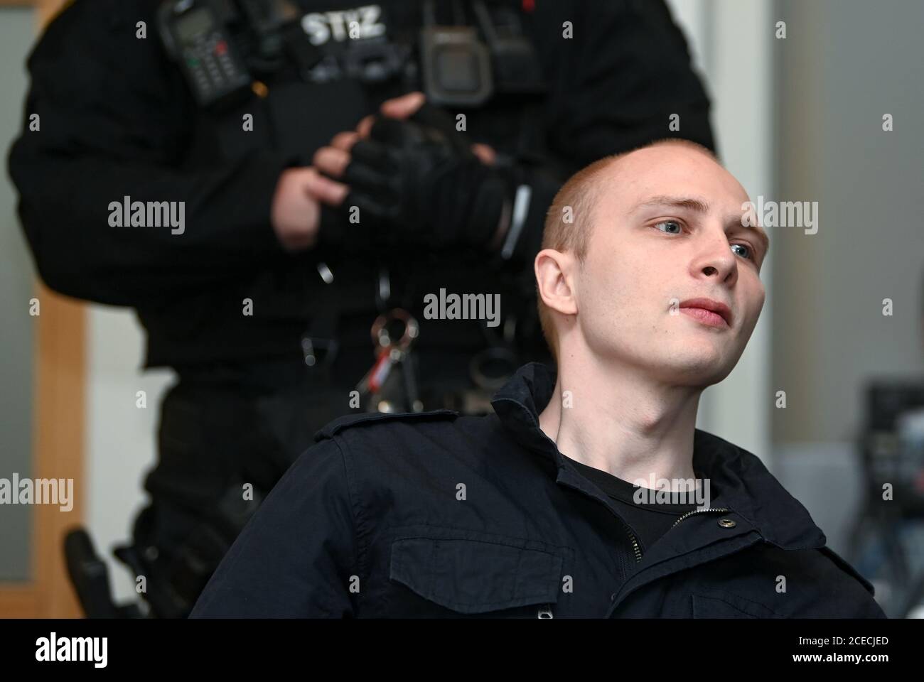 Magdeburg, Germany. 01st Sep, 2020. The accused Stephan Balliet sits in the Regional Court at the beginning of the eighth day of the trial. The Federal Prosecutor's Office accuses the assassin of Hall 13 of criminal offences, including murder and attempted murder. The assassin had tried to cause a bloodbath in the synagogue in Halle on October 9, 2019, the highest Jewish holiday Yom Kippur. Credit: Hendrik Schmidt/dpa-Zentralbild/ZB/dpa/Alamy Live News Stock Photo