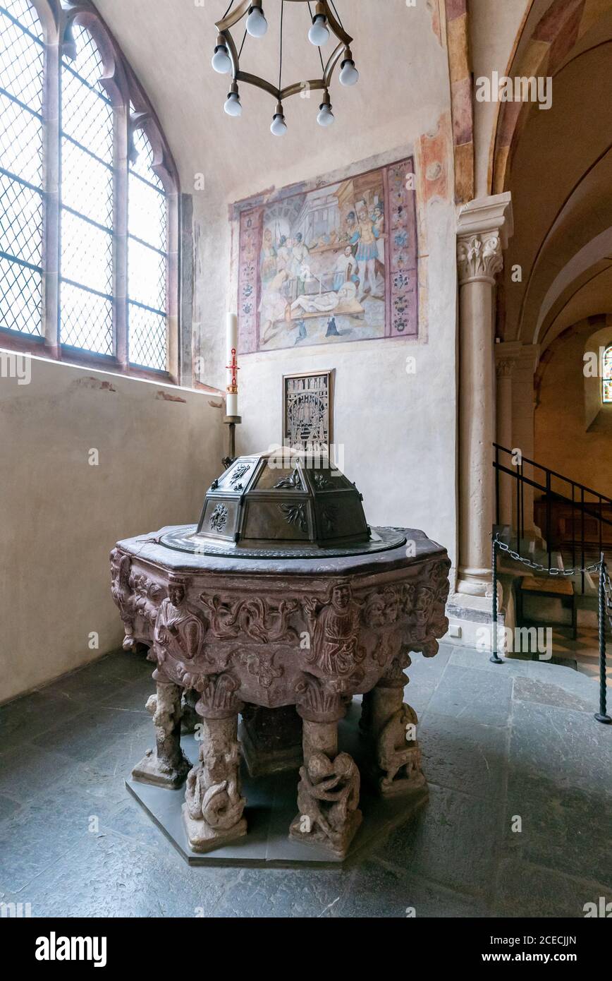 interior view of the historic Limburg cathedral with a view of the baptismal Stock Photo