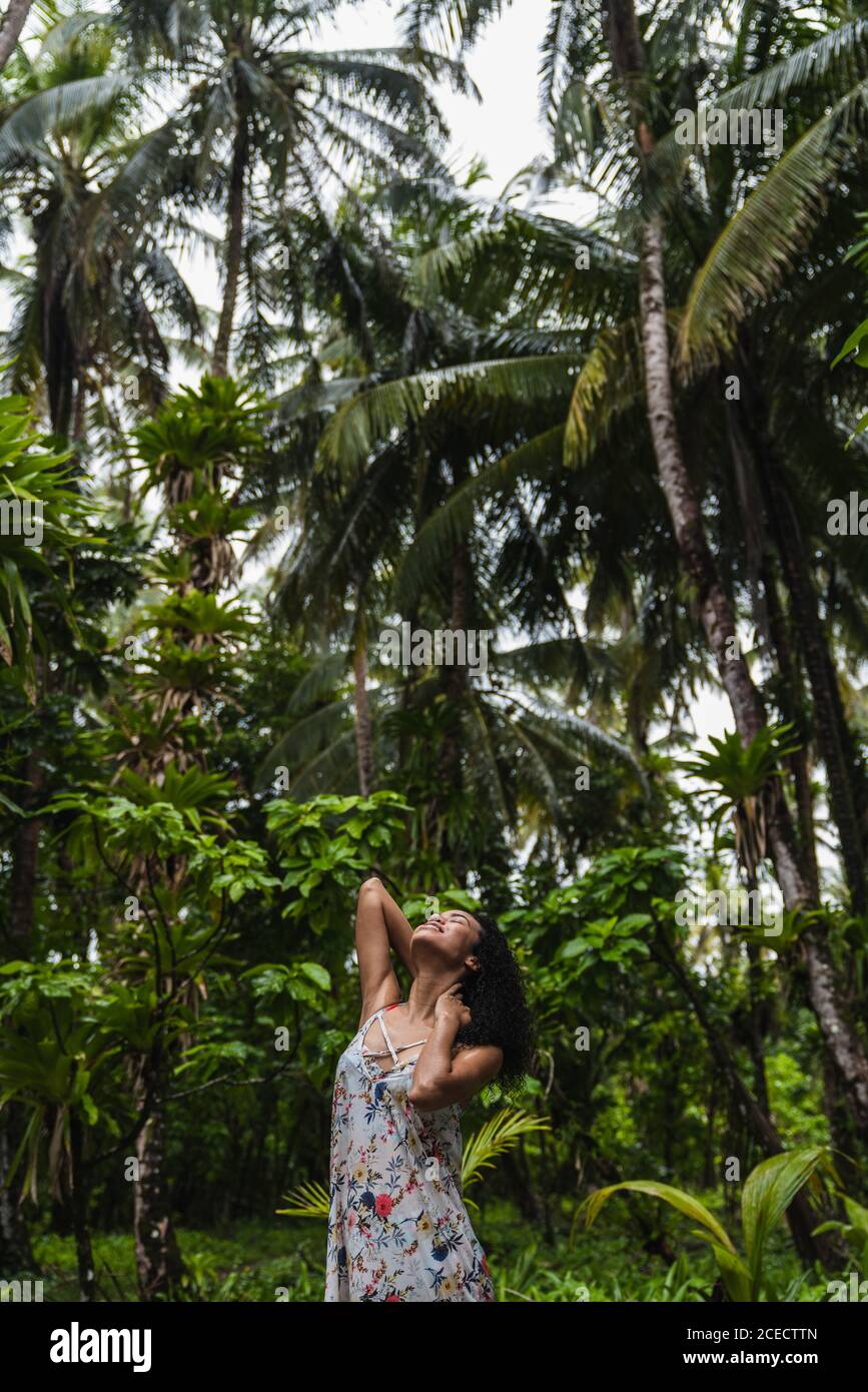 Young lady in dress between tropical forest Stock Photo