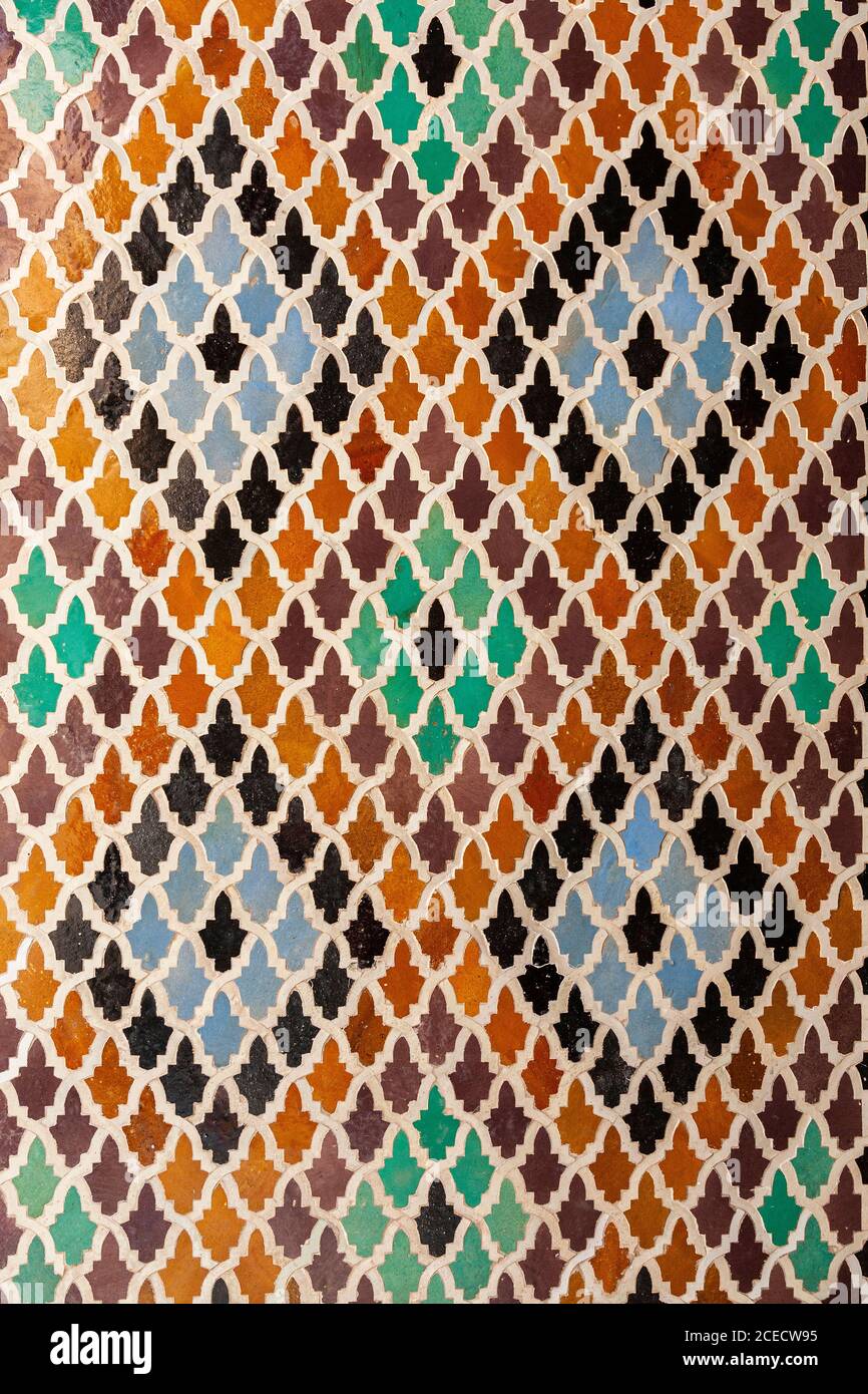 Tiled mosaics inside Bou Inania Medersa, Fez, Morocco, Africa Stock Photo
