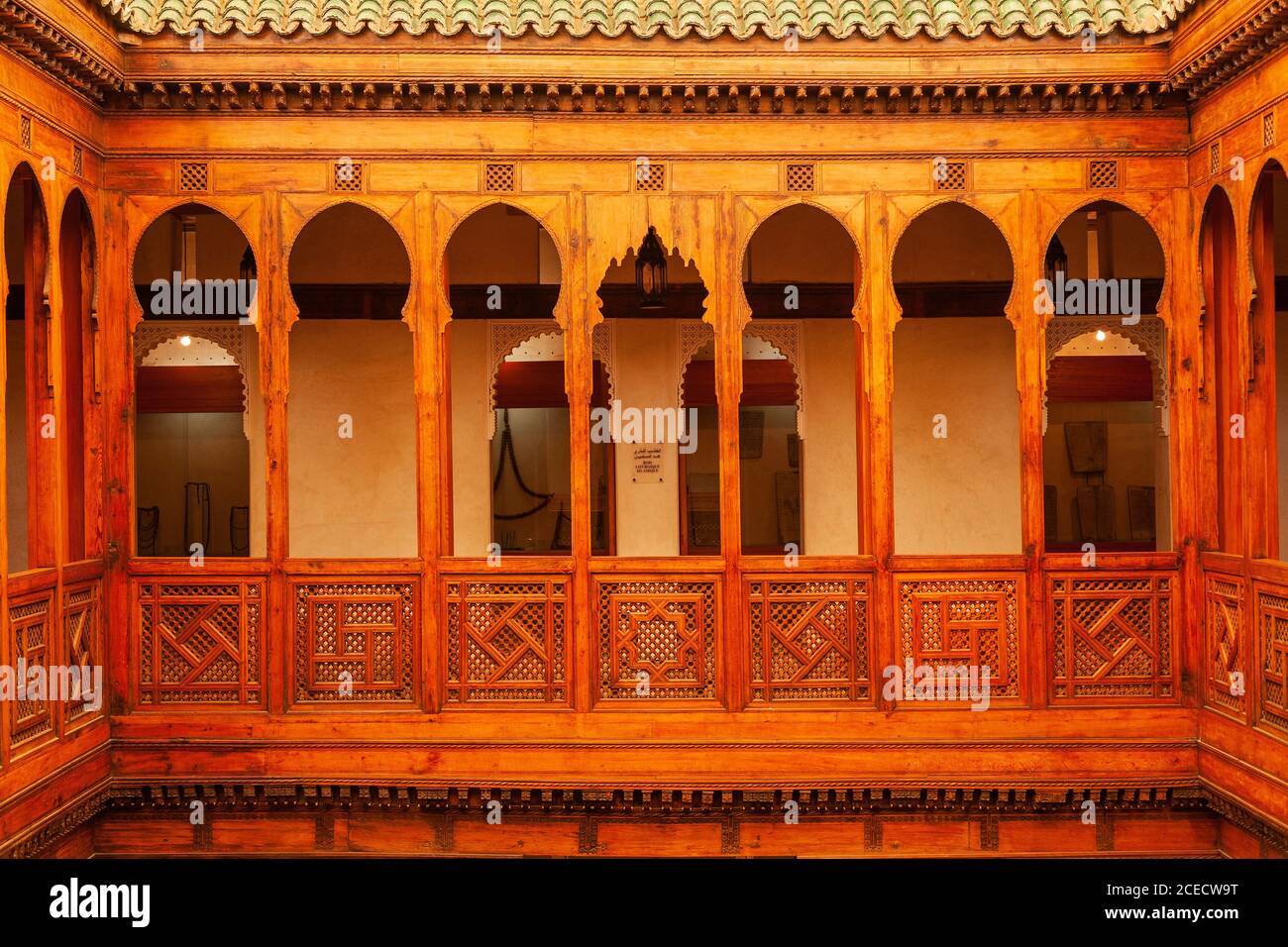 Wooden Gallery of the Fondouk el Nejjarine, Fez, Morocco Stock Photo