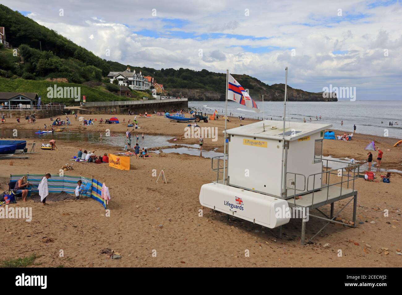 RNLI Lifeguard station on beach, Sandsend, Whitby Stock Photo