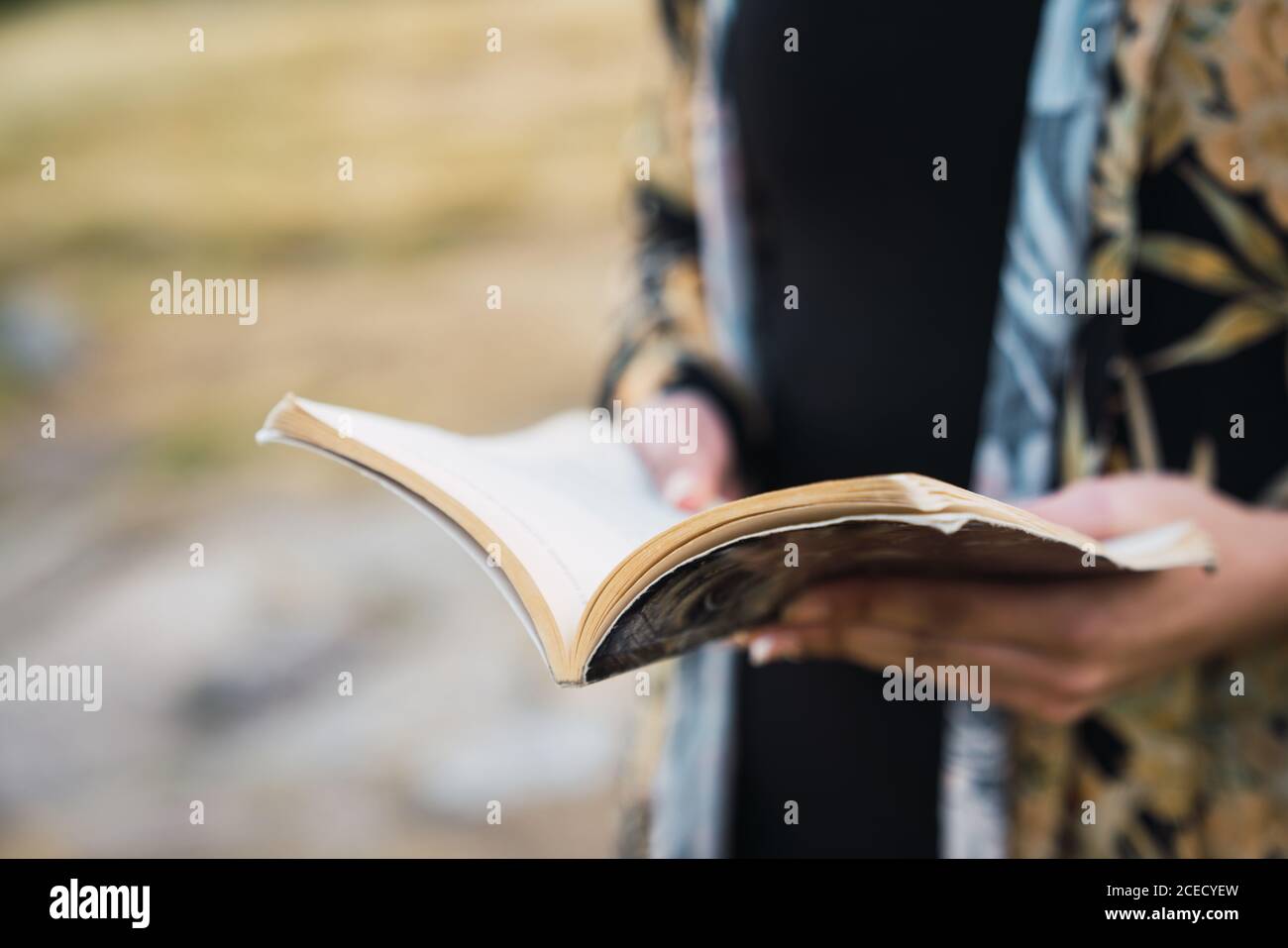 Crop Woman holding notepad Stock Photo